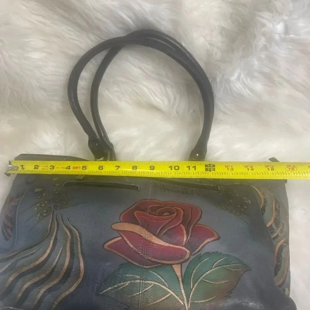 Hand-Painted Floral Leather Tote Bag - Gray